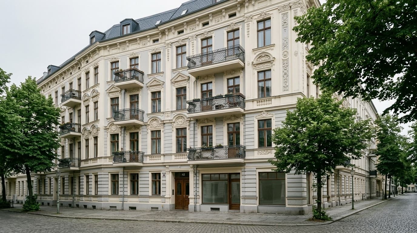 Eckhaus Lindenhof mit Balkonen und Stuckfassade