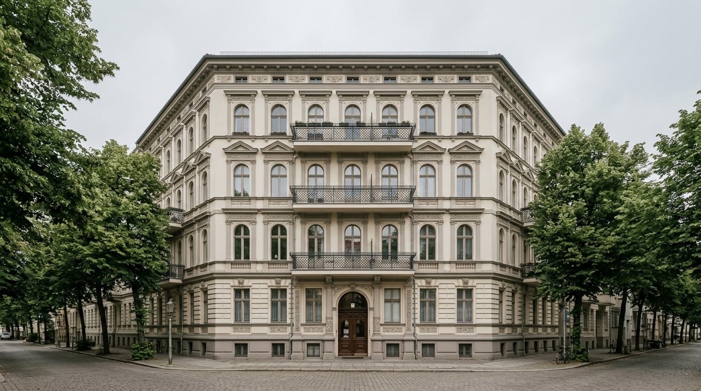Symmetrisches Gründerzeithaus mit Balkonen an einer Straßenecke